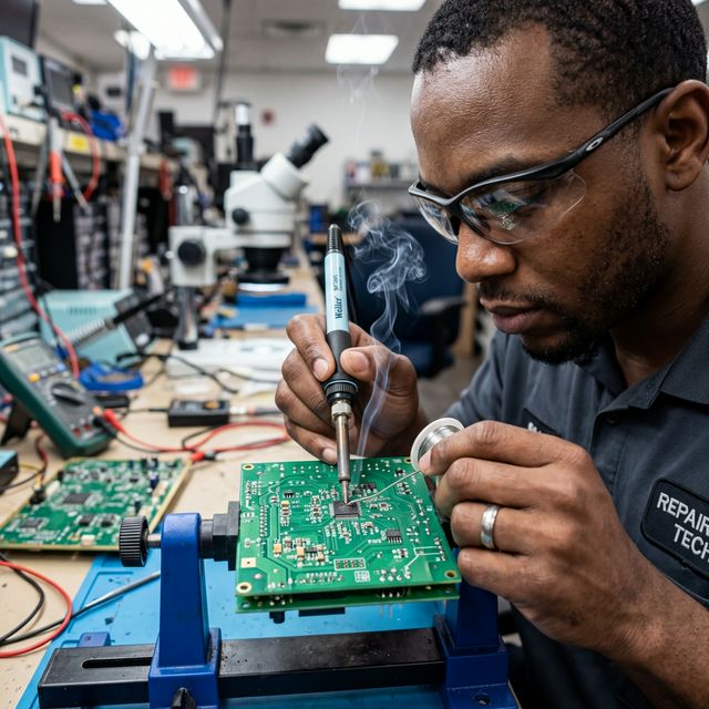 Macro shot of circuit board being repaired by a skilled technician
