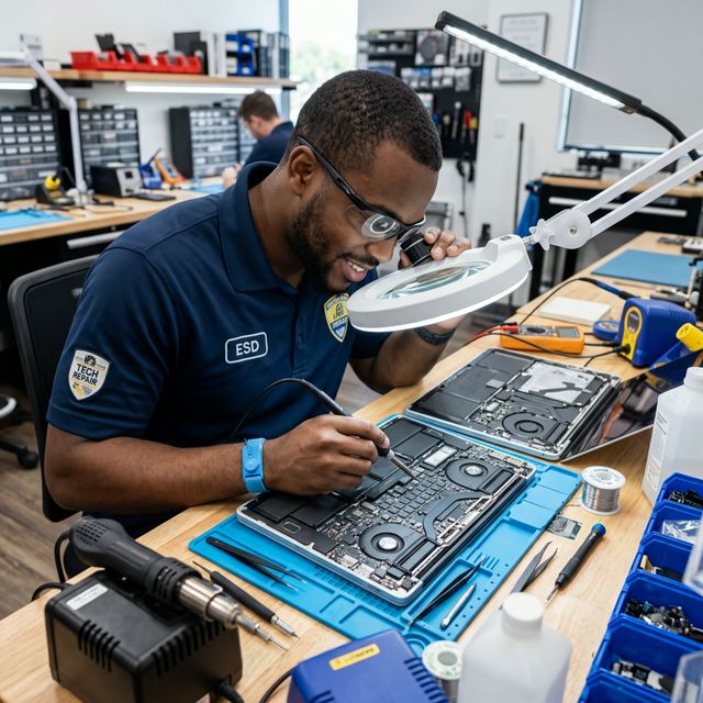Professional technician checking laptop diagnostics