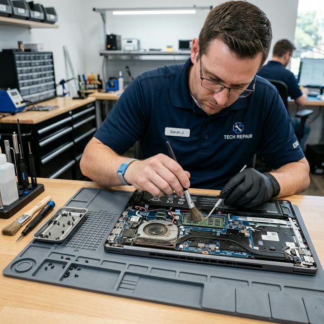 Technician diagnosing and cleaning a laptop motherboard