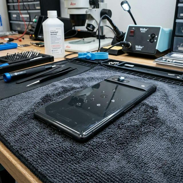 Opened smartphone on the workbench during water damage inspection